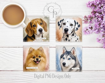 Sassy Dogs Square Coaster Set PNGs | Beagle, Dalmatian, Pomeranian, Husky | Funny Sublimation Designs, Digital Watercolors, Commercial Use