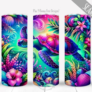 May include: Three colorful tumblers with a vibrant underwater design. Each tumbler features a sea turtle swimming amidst tropical plants, coral, and flowers. The design includes shades of blue, green, pink, and purple, with the text "Plus 9 Bonus Free Designs!" and "SEAMLESS".