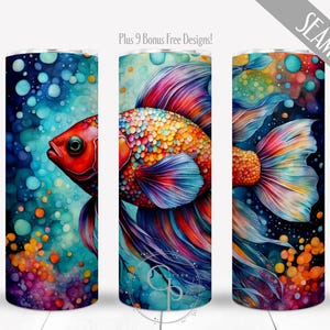 Tropical Betta Fish Tumbler Wrap, Watercolor Alcohol Ink Design, 20 oz Skinny Straight Sublimation PNG, Seamless Digital, Commercial Use