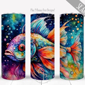 Tropical Betta Fish Tumbler Wrap, Watercolor Alcohol Ink Design, 20 oz Skinny Straight Sublimation PNG, Seamless Digital, Commercial Use