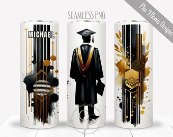 Gold Black Graduation PNG For 20 oz Skinny Straight Tumbler, Junior High School Sublimation, Senior College Graduate, Boy Add Name, Digital