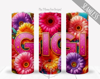 Pink Gigi PNG Design For 20 oz Skinny Straight Tumbler Sublimation, Floral Grand Mother's Day Appreciation Wrap, Digital, Commercial Use