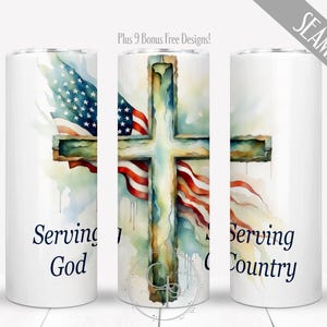 May include: A white tumbler with a watercolor design of an American flag draped over a wooden cross. The text "Serving God" and "Serving Country" is printed on the tumbler.