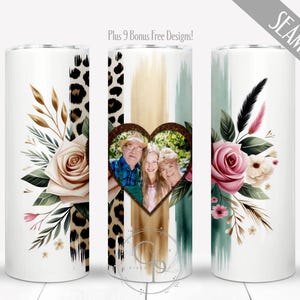May include: White tumbler with floral and leopard print designs. One tumbler features a heart-shaped photo frame. The other tumblers have roses, leaves, and feathers. The text "Plus 9 Bonus Free Designs!" is visible.