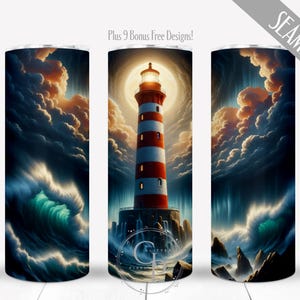 A Lighthouse In The Storm PNG Design For 20 oz Skinny Straight Tumbler, Ocean Waves Wrap, Nautical Sublimation, Digital, Commercial Use