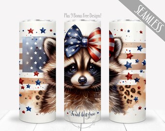 Mapache salvaje pero libre PNG, vaso recto delgado y divertido de 20 oz para sublimación, envoltura patriótica de EE. UU., diseño del 4 de julio, Independencia, digital