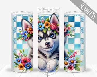 Husky Dog PNG Design For 20oz Skinny Straight Tumbler, Pet Seamless Floral Wrap, Personalized Watercolor Digital Sublimation, Commercial Use