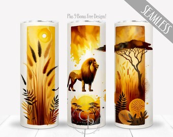 African Lion PNG For 20 oz Skinny Straight Tumbler, Animal Safari Sublimation Wrap, Digital Savannah Design, Seamless, Commercial Use