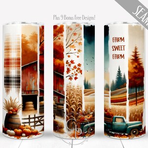 May include: A seamless tumbler design features autumn scenes with a barn, pumpkins, and a vintage truck. The words "FARM SWEET FARM" are displayed. The design incorporates plaid, fall foliage, and a rustic aesthetic.