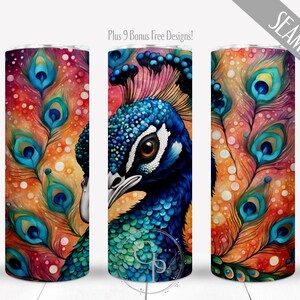 Peacock Design For 20 oz Skinny Straight Tumbler, Seamless Sublimation PNG, Watercolor Alcohol Inks Bird Digital Wrap, Commercial Use
