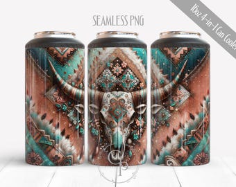 Aztec Cow Skull PNG For 4 in 1 Can Cooler, 16 oz Seamless Tumbler Wrap, Teal Copper Design, Western Sublimation, Rustic Bull Horns, Digital