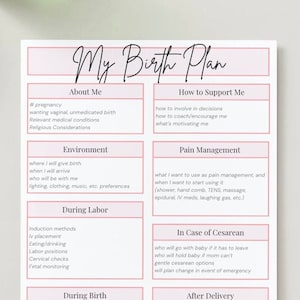 May include: A printable birth plan checklist with sections for "About Me", "Environment", "During Labour", "During Birth", "After Delivery", "How to Support Me", "Pain Management", and "In Case of Cesarean".