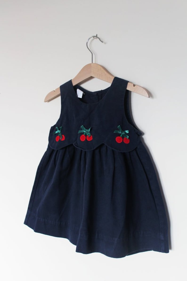 KIDS Vintage beautiful and cute 80s babygirl dress navy with cherries cord embroidery size 2T