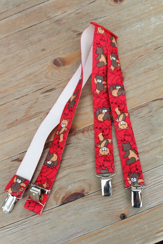 Patterned Kids Clip Suspenders Red Bears