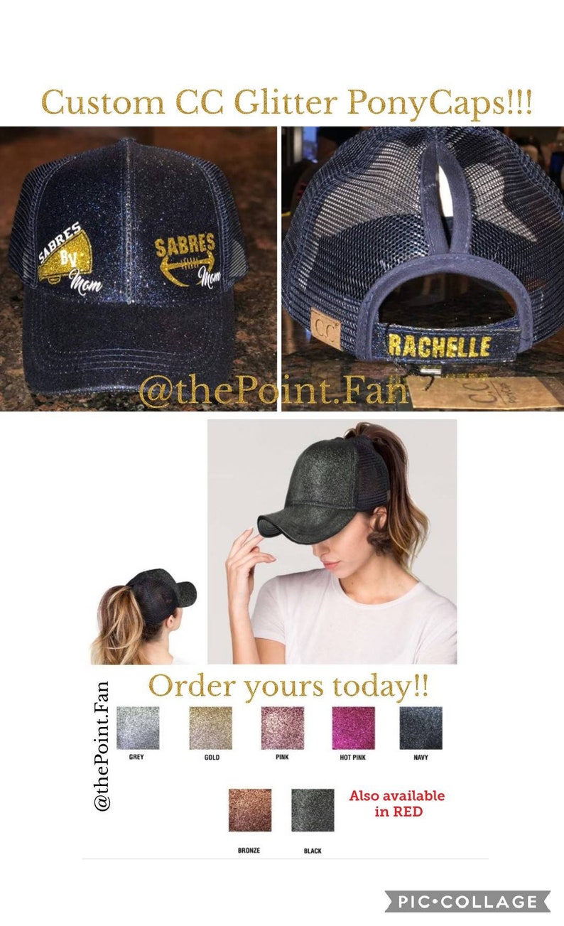 Pu&ograve; includere: Un cappello da baseball nero con paillettes per coda di cavallo con un logo dorato con paillettes che dice "SABRES By Mom" e un'etichetta con nome dorata con paillettes che dice "RACHELLE". Il cappello &egrave; disponibile in altri colori, tra cui grigio, oro, rosa, rosa acceso, blu navy, bronzo e nero.