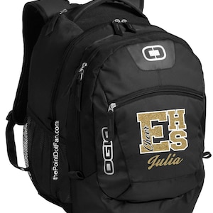 May include: Black backpack with a gold glitter design that says "Cheer EHS Julia" on the front. The backpack has a mesh pocket on the side and a zippered pocket on the front.