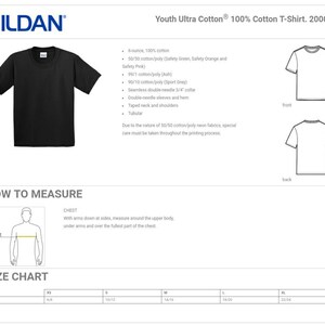 Puede incluir: Una tabla de tallas para una camiseta de algod&oacute;n ultra para j&oacute;venes. La tabla muestra las tallas XS a XL con las medidas de pecho correspondientes en pulgadas. La camiseta est&aacute; disponible en una variedad de colores, incluyendo verde de seguridad, naranja de seguridad, rosa de seguridad, ceniza y gris deportivo.