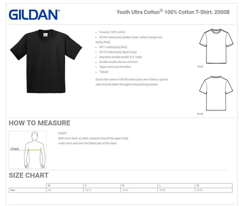 Puede incluir: Una tabla de tallas para una camiseta de algod&oacute;n ultra para j&oacute;venes. La tabla muestra las tallas XS a XL con las medidas de pecho correspondientes en pulgadas. La camiseta est&aacute; disponible en una variedad de colores, incluyendo verde de seguridad, naranja de seguridad, rosa de seguridad, ceniza y gris deportivo.
