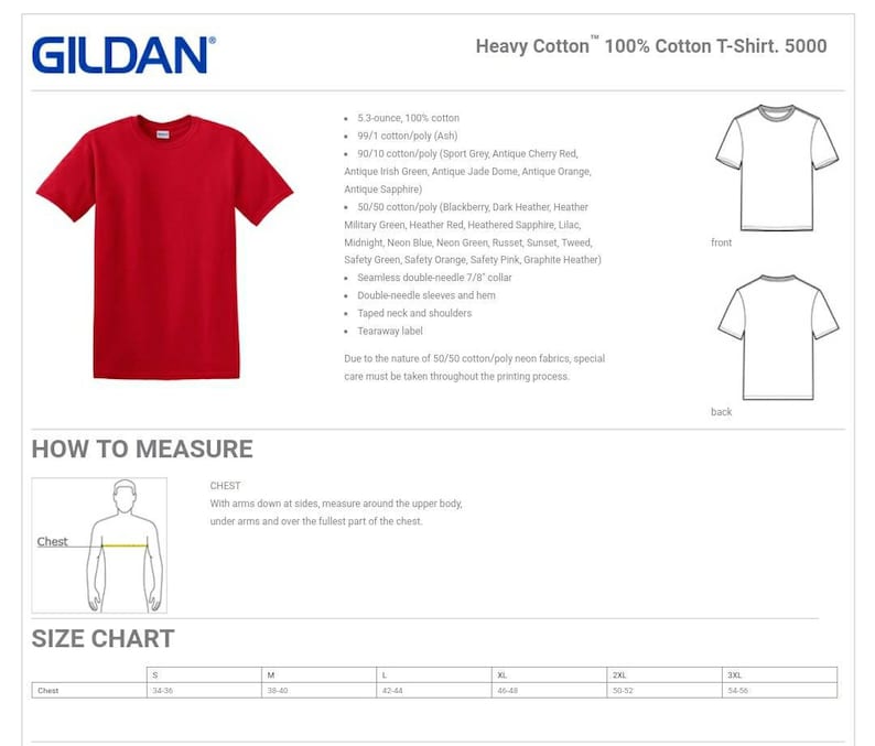 Puede incluir: Una camiseta Gildan Heavy Cotton 100% algod&oacute;n. 5000 de color rojo. La camiseta es un modelo b&aacute;sico de cuello redondo y mangas cortas. La tabla de tallas muestra las medidas del pecho en pulgadas para las tallas S, M, L, XL, 2XL y 3XL.