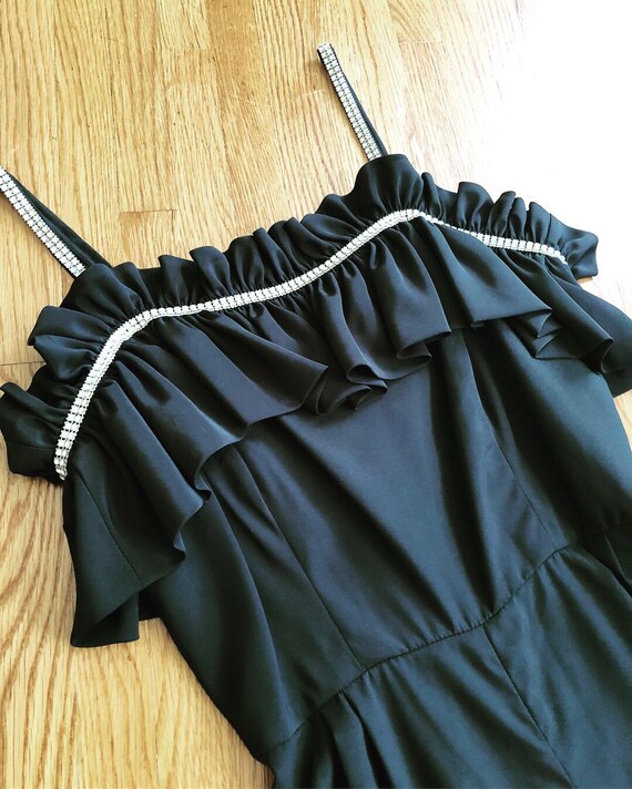 Vintage black jumpsuit/ruffles and rhinestones/ro… - image 2