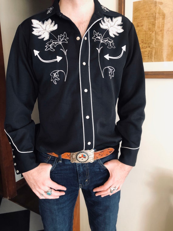 Vintage mens black HbarC polyester western snap sh