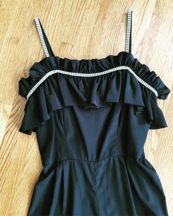 Vintage black jumpsuit/ruffles and rhinestones/ro… - image 4