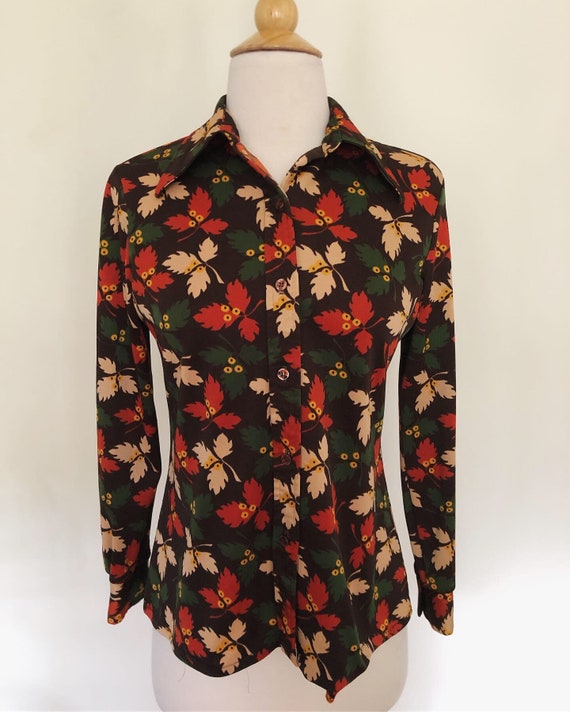 Vintage polyester 70's button down long sleeve bl… - image 1