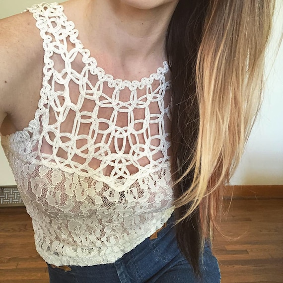 Vintage cream lace/mesh crop top/80's/90's/Size:S… - image 1