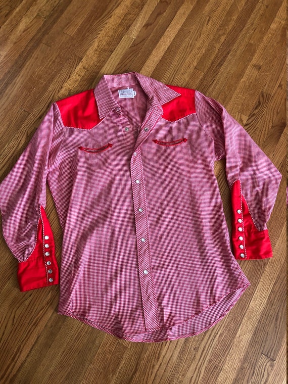 Vintage mens red gingham western snap shirt/rodeo/
