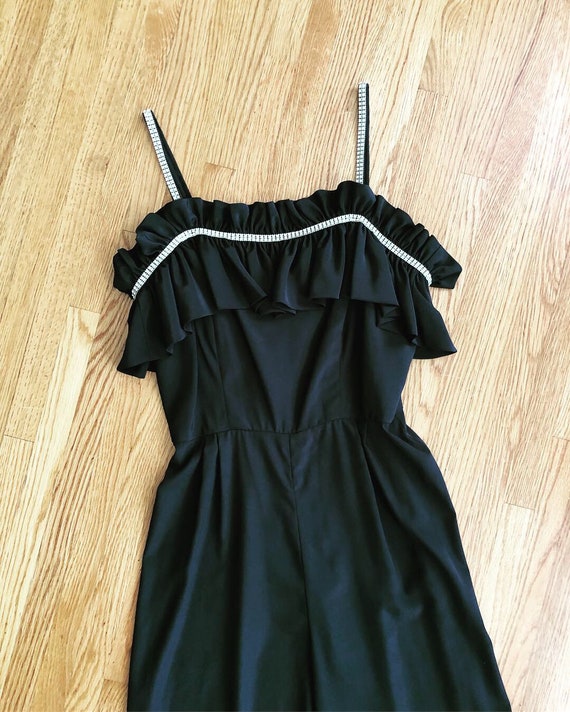 Vintage black jumpsuit/ruffles and rhinestones/ro… - image 6