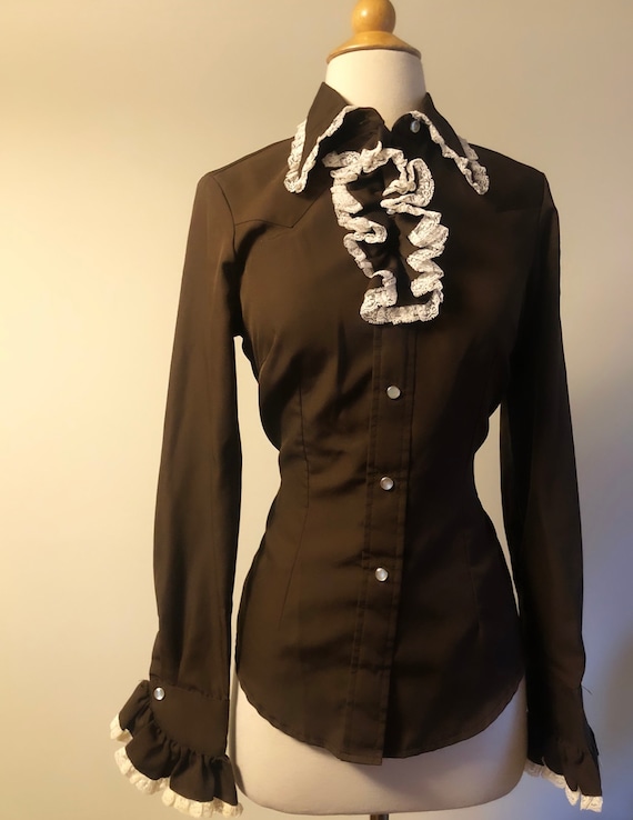 Vintage brown HBarC ruffle shirt/western/Size: 34-