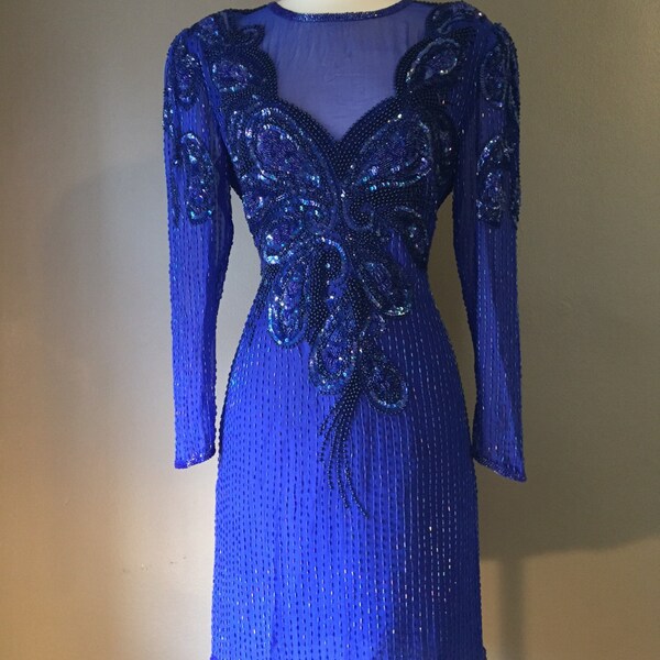 Vintage royal blue beaded dress/Glamour/Size:SMALL/MEDIUM