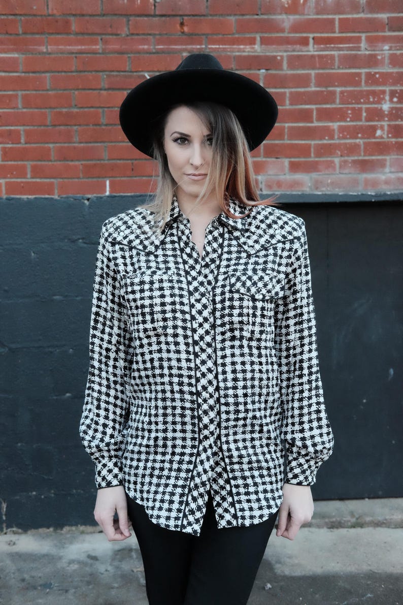 Vintage Black and White Silk Button Down Etsy