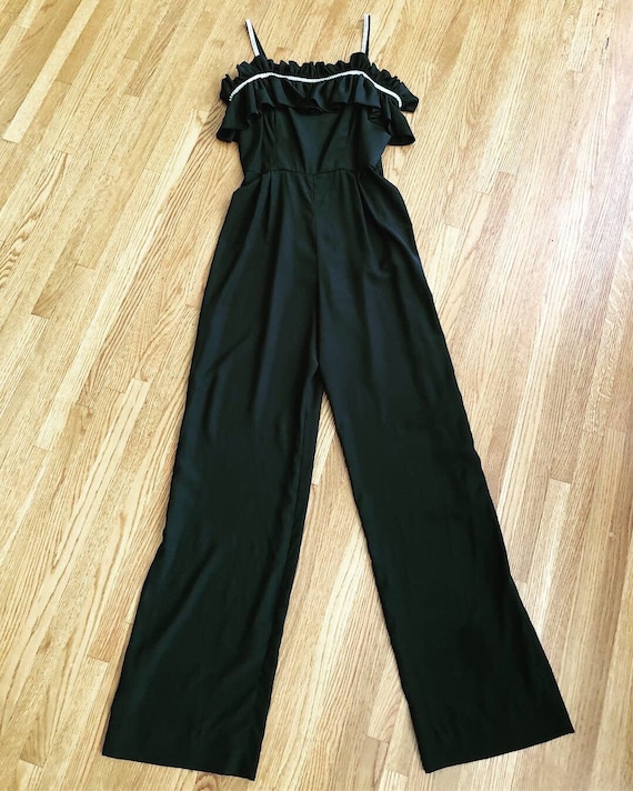 Vintage black jumpsuit/ruffles and rhinestones/ro… - image 1