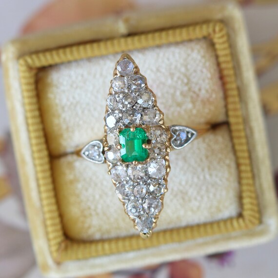 Victorian Emerald Cut Green Emerald & Diamond Nave