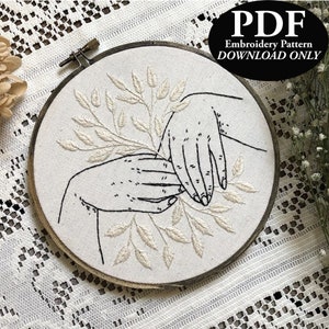 Hand Embroidery Pattern, Hands and Leaves embroidery design, PDF Instant Download