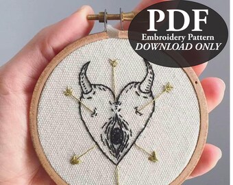 PDF Instant Download Pattern for Creepy Eye Heart Arrow Embroidery