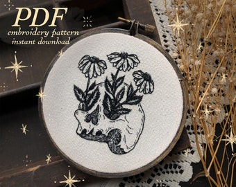 Patrón de bordado a mano calavera y margaritas germinadas - PDF Descarga instantánea Patrón de bordado a mano
