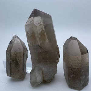 Könnte beinhalten: Drei Rauchquarzkristalle, jeder mit einer einzigartigen Form und Größe. Die Kristalle sind hellbraun und haben eine durchscheinende Optik.