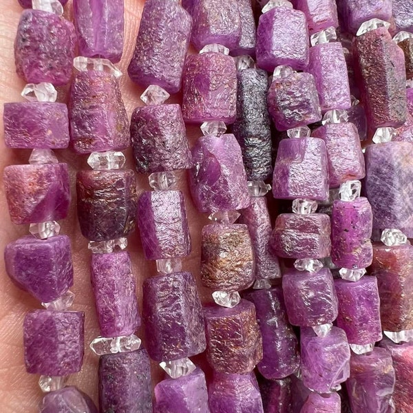 Ruby crystal beads combine with diamond quartz bead strand,16 inches long,natural raw ruby crystal beads handmade gemstone strands