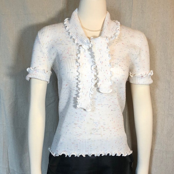 60s White Multi Marled Knit Top with Tie S/M