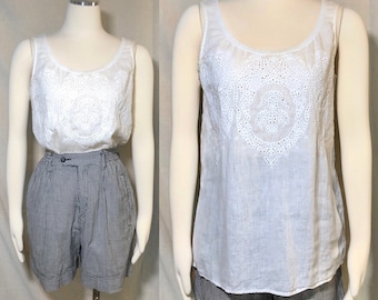80s 90s White Linen Eyelet Tank Top S/M
