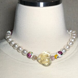 Pearl Heart Candy Necklace - Costume Pearl and Glass Bead Necklace, Gold Fill, 17.75&quot;