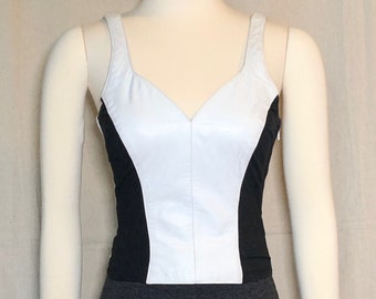 80s 90s White Leather / Black Stretch Bustier Top S/M