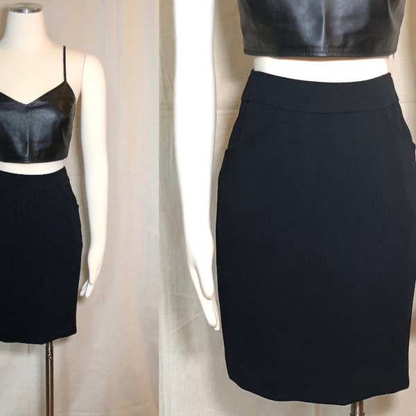 90s Black Ribbed Pencil Skirt w Pockets XS / S