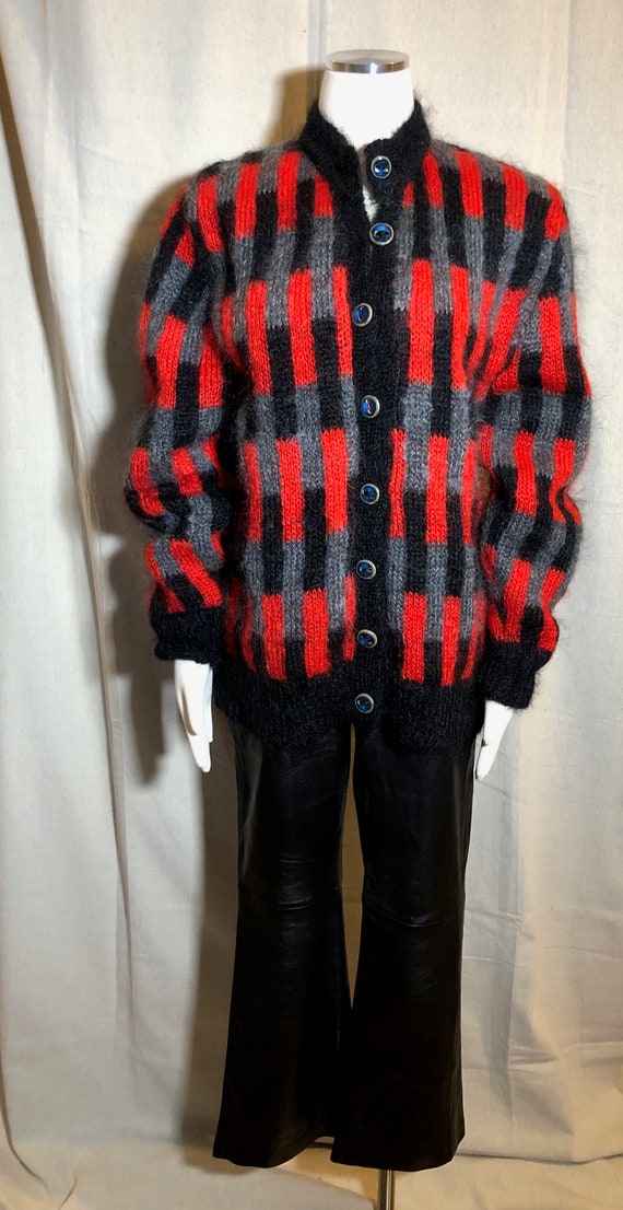 90s Red Gray Black Mohair Cardigan M - image 2