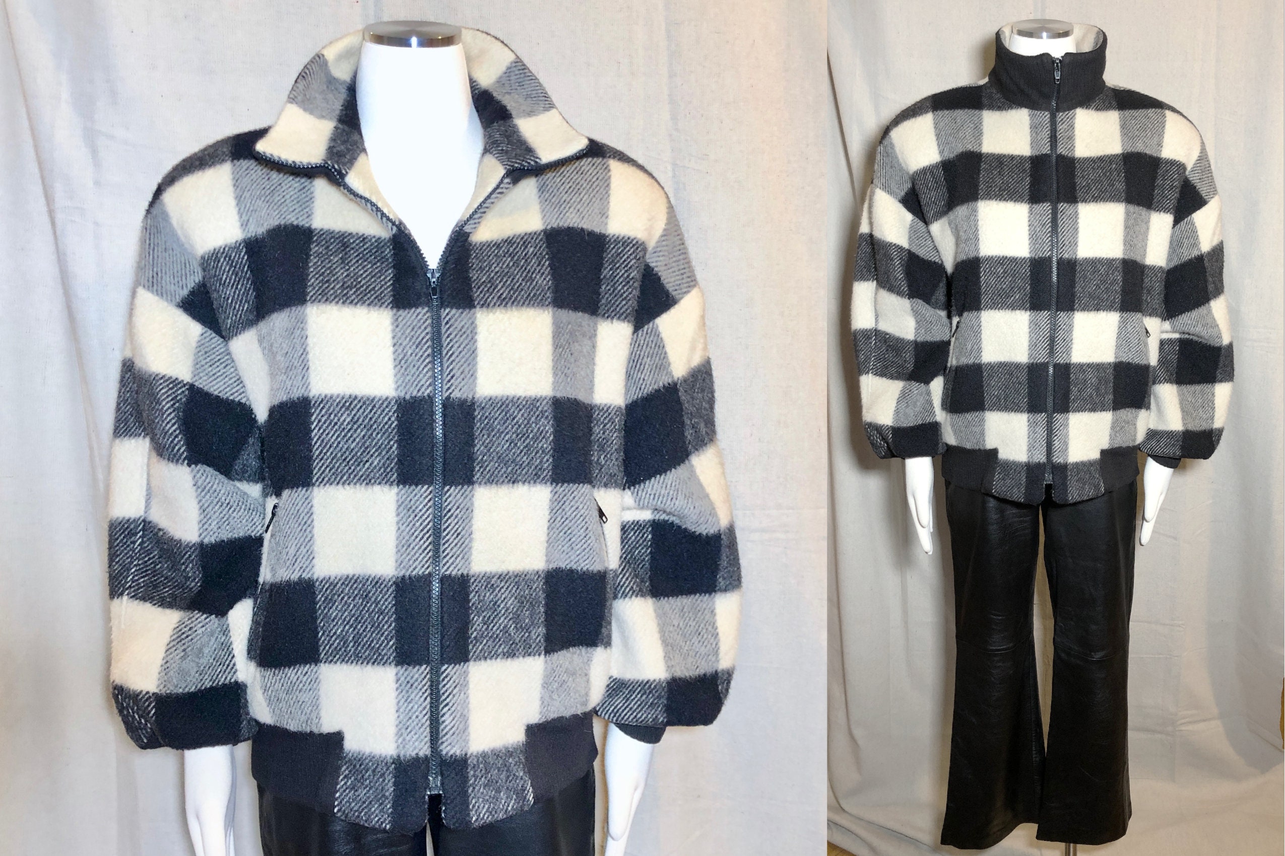 90s Black / Cream Plaid Wool Jacket M/L - Etsy
