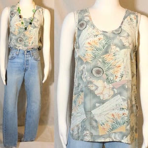 90s Sage Green Map Print Silk Tank M