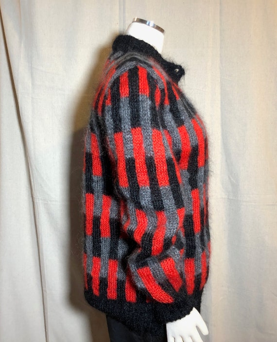 90s Red Gray Black Mohair Cardigan M - image 5