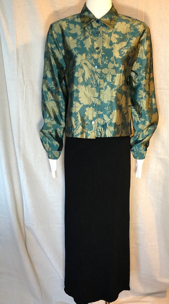 90s Green Silk Floral Blouse Boxy M / L - image 2